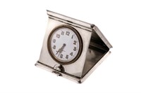 ENGLISH CASED SILVER TRAVELLING CLOCK, 228g