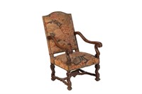 FRENCH UPHOLSTERED & CARVED WALNUT ARMCHAIR