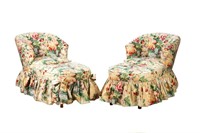 PAIR OF FLORAL UPHOLSTERED CHAIRS & OTTOMANS