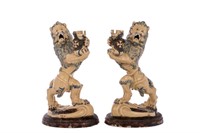 PAIR OF 19th C POTTERY LION RAMPANT FIGURES