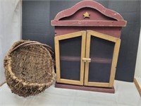 Wood Cabinet & Large Basket Primitive Decor