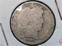 1909 Silver Barber Quarter Coin