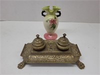 Ornate Brass Desk Top Inkwell 11" L & Hull w Nic