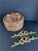 Gold Tone Carved Round Trinket Box, Brass Bows
