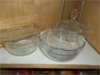 Cookie jar, leaf bowl, clear glass pieces
