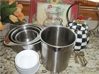 Vase, stainless steel bowls, tea pot