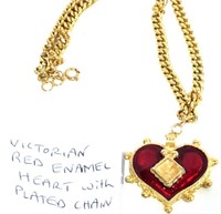 199 - VICTORIAN RED ENAMEL HEART W/ PLATED CHAIN