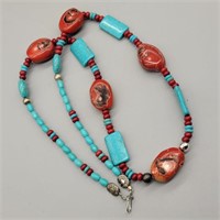 28" STERLING SILVER, TURQUOISE & CORAL TRADE BEAD