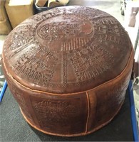 Round Leather Footstool w/ Designs  Water Damage