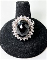 Large Sterling Faceted Smokey Quartz/CZ Ring 12 G