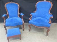 PAIR BLUE UPHOLSTERED PARLOUR CHAIRS W/ STOOLS
