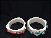 2 White Bracelets w/Red & Blue Stones