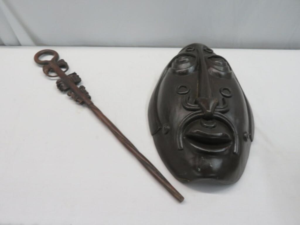CARVED WOODEN MASKS & WALKING STICK (AS IS)