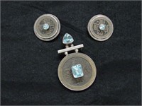 Clip On Earrings & Pendant w/Blue Stone