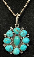PRETTY STERLING SILVER & TURQUOISE PENDENT & CHAIN