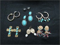 6 Pairs of Earrings & 2 Crosses w/Stones