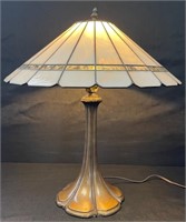 GREAT SLAG GLASS TABLE LAMP WITH ORNATE BASE