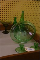 11.5" Oval Green Glass Uranium Glass Platter. 2pc