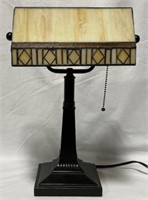 Brass Student Lamp with Slag Glass Shade