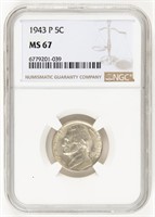 Coin 1943-P Jefferson Nickel, Wartime, NGC-MS67