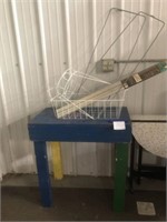 TABLE AND BASKET, METAL STAND, PANT STRETCHERS