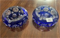 Pair of Cobalt Blue Cut to Clear Ashtray Bowl