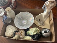 Box Lot - Figurine, Vase, Catch All, Doll, & More