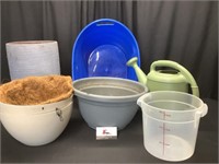 Plastic containers, water jugs, gray planter, & 2