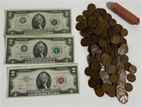 3 Collectible $2 Bills and Wheat Pennies