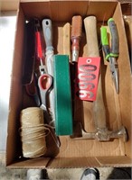 Flat of hand tools, hammer, pliers, string