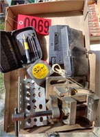 Flat of hand tools, vice, tape measure