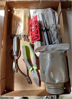 Flat of assorted hand tools, pliers,