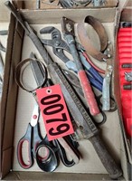 Flat of assorted hand tools, scorsors, pliers