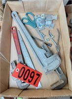 Pipe wrenches, ruler, and hardware