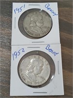 Two Silver Ben Franklin Half Dollars