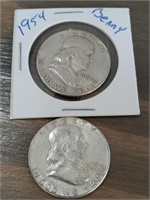 Two Silver Ben Franklin Half Dollars