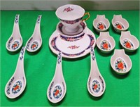 28 - TEACUP & SAUCER, SPOONS & SPOON RESTS (A97)