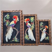 1940S MEXICAN FEATHER FOLK ART PICTURES SET OF 3