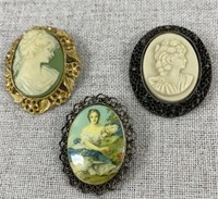 Lot of (3) Vintage Brooches (Cameo, etc...)