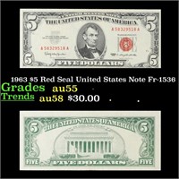 1963 $5 Red Seal United States Note Fr-1536 Grades