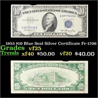 1953 $10 Blue Seal Silver Certificate Fr-1706 Grad
