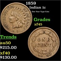 1859 Indian Cent 1c Grades xf+