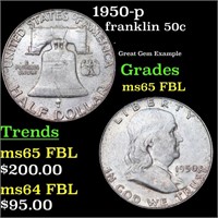 1950-p Franklin Half Dollar 50c Grades GEM FBL
