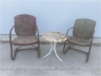 Vintage metal chairs and end table