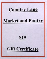 Country Lane Market & Pantry -$15 Gift Certificate