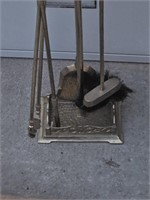 Vintage brass 5-piece fire tool set with stand.