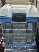 2 tackle boxes w/ handle missing on top of blue