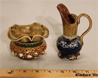 Small Pottery Pitcher & Bowl signed