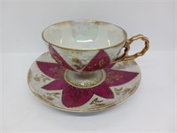 Red Petal Flower Pattern Cup and Saucer Japan B-97