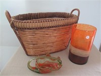 Art glass vase, art glass basket, wicker basket